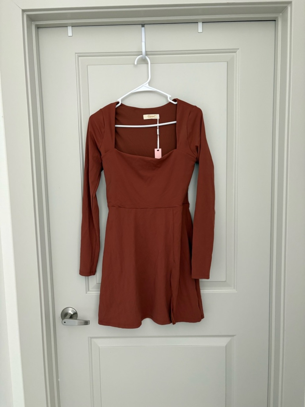 Square Neck Long Sleeve Rust Mini Dress Qinsen Dress Size L NWT Athletic